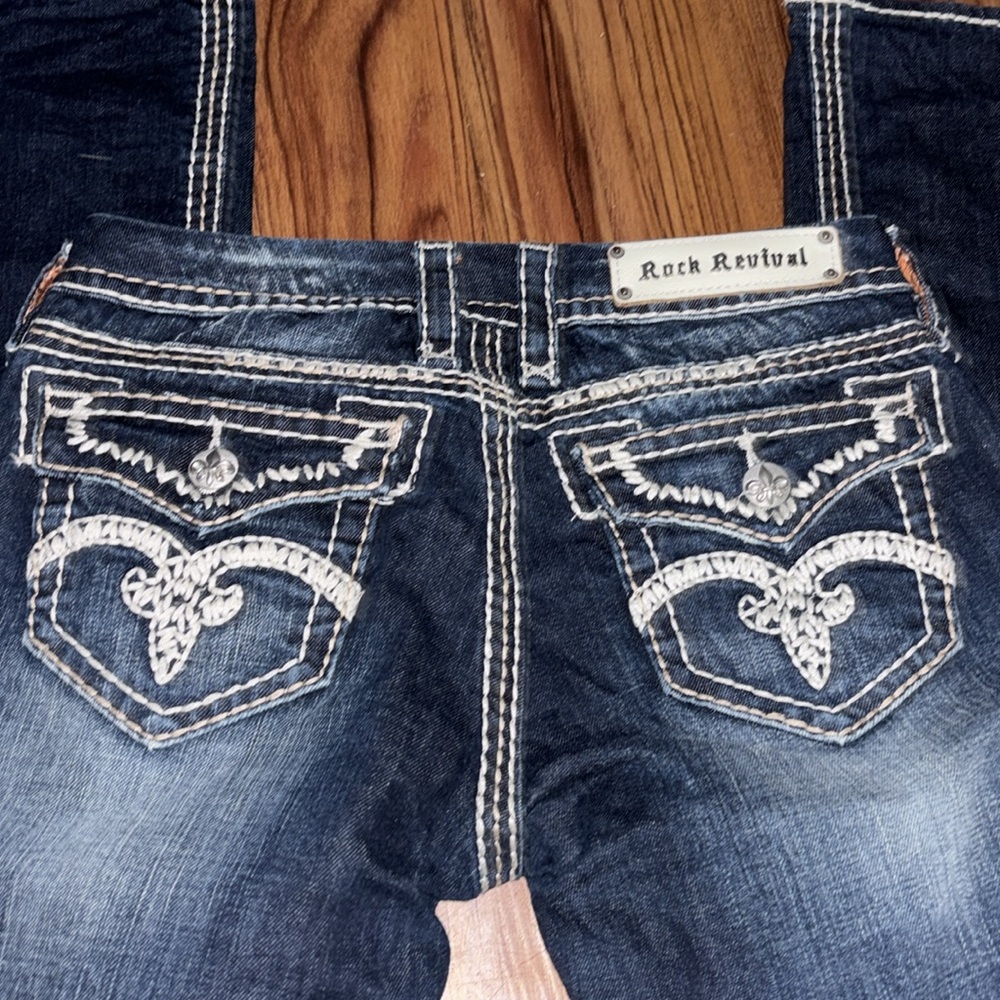 Rock Revival Women's Dark Indigo Boot Cut Jeans with White Embroidery - Picture 2 of 3